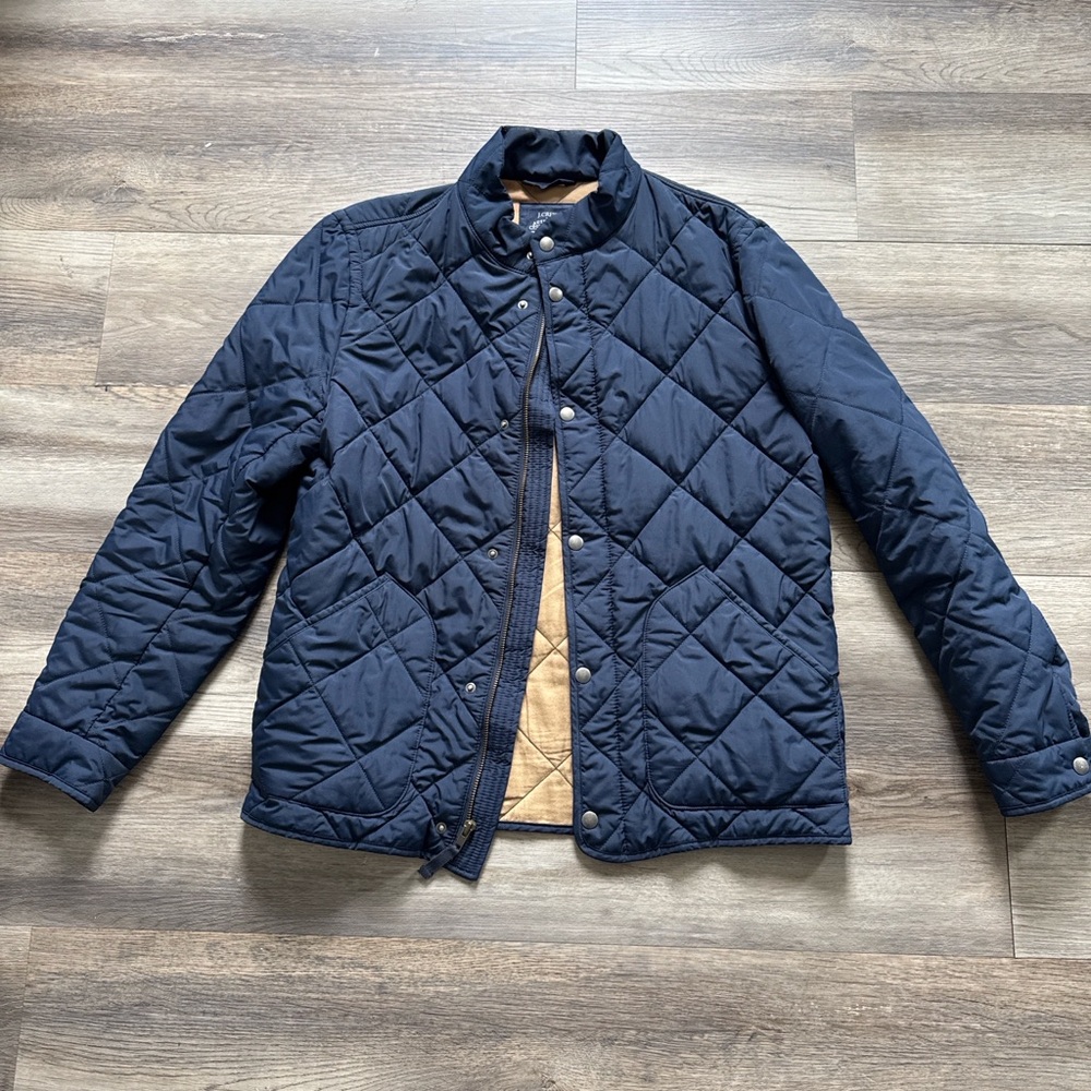 J. Crew Quilted Puffer Jacket in Navy with Tan Lining
